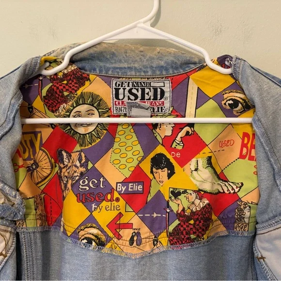 Get Used by Elie Vintage Denim Jacket with Colorful Patchwork, Size Small Womens
